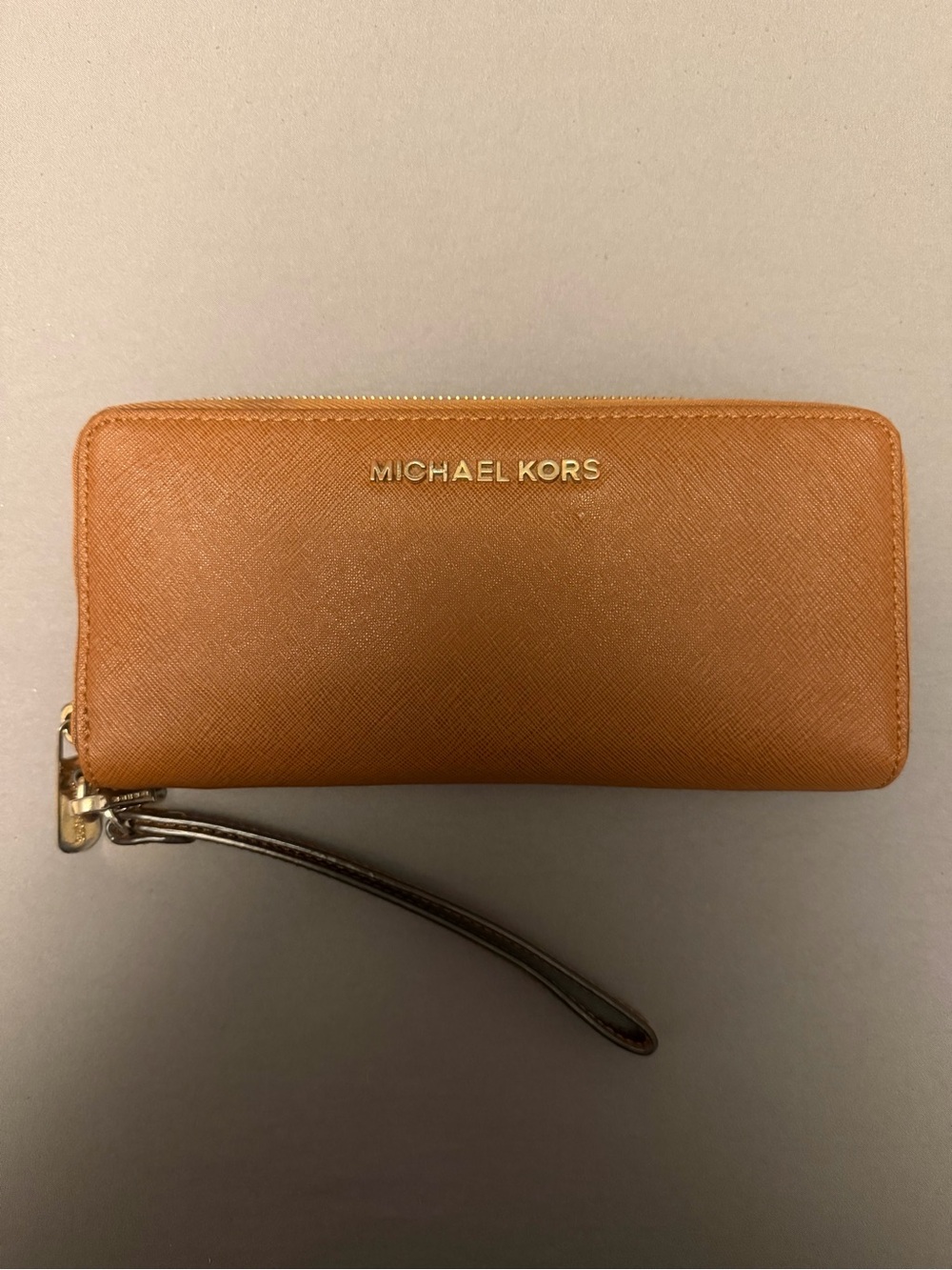 Michael Kors Tan-Orange Leather Zip Wristlet Wallet with Gold Logo
